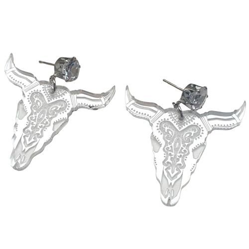 Mirrored Acrylic Bull Skull Earrings - Silver