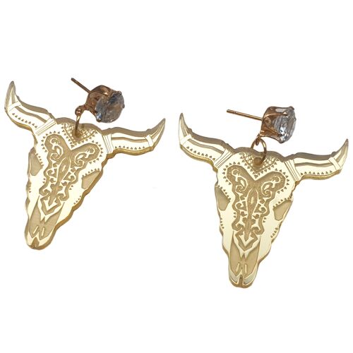 Mirrored Acrylic Bull Skull Earrings - Gold