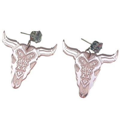 Mirrored Acrylic Bull Skull Earrings - Rose Gold