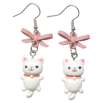 Kitty & Bow Dangle Earrings - White Kitty
