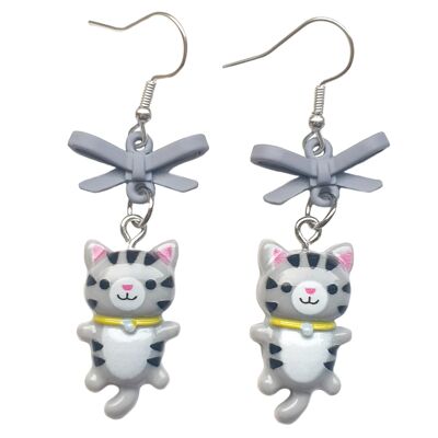 Kitty & Bow Dangle Earrings - Grey Tabby Kitty
