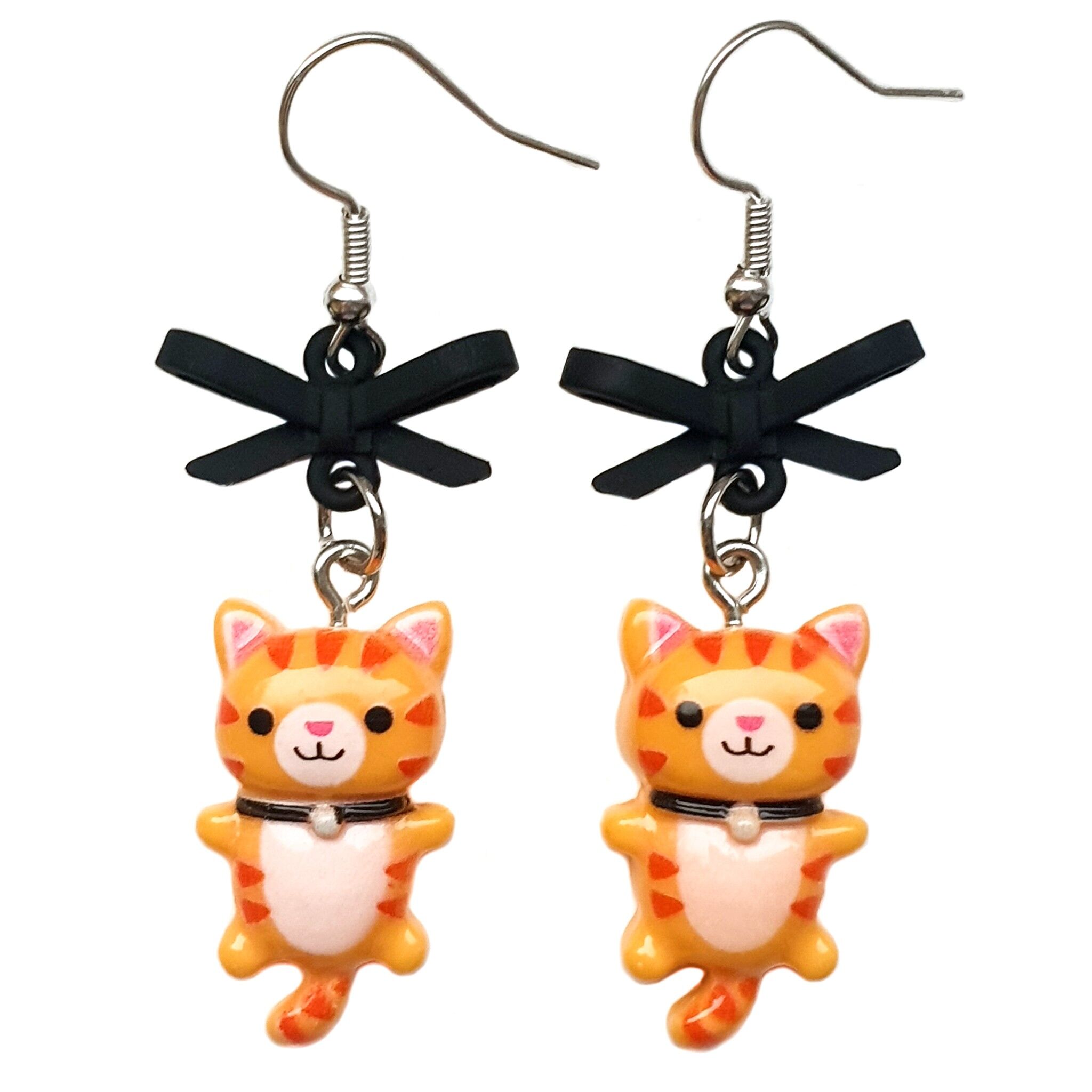 Kitty & Bow Dangle Earrings - Ginger Tabby Kitty