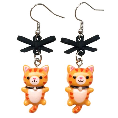 Kitty & Bow Dangle Earrings - Ginger Tabby Kitty