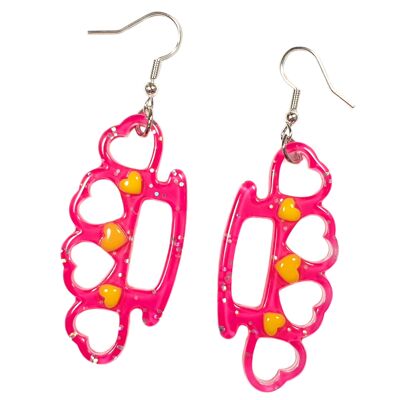 Fight like a Girl! Cute Knuckle Duster Earrings - Hot Pink