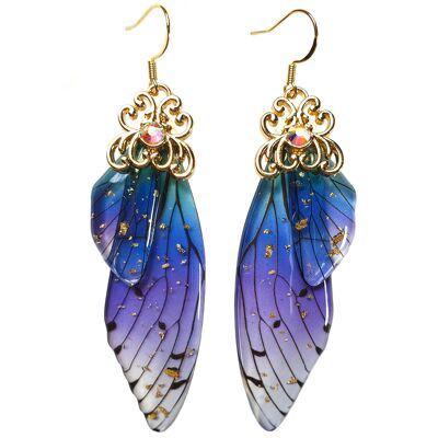 Pendientes delicados de ala de mariposa - Morado y azul - Oro