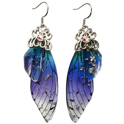 Pendientes delicados de ala de mariposa - Morado y azul - Plata