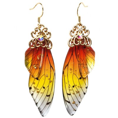 Orecchini delicati con ali di farfalla - Arancione e giallo - Oro