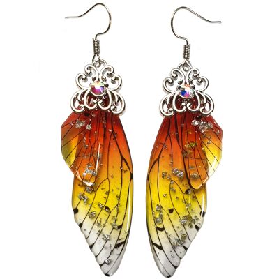 Pendientes delicados de ala de mariposa - Naranja y amarillo - Plata