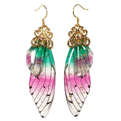 Pendientes delicados de ala de mariposa - Verde y rosa - Oro