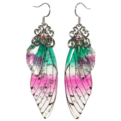Pendientes delicados de ala de mariposa - Verde y rosa - Plata