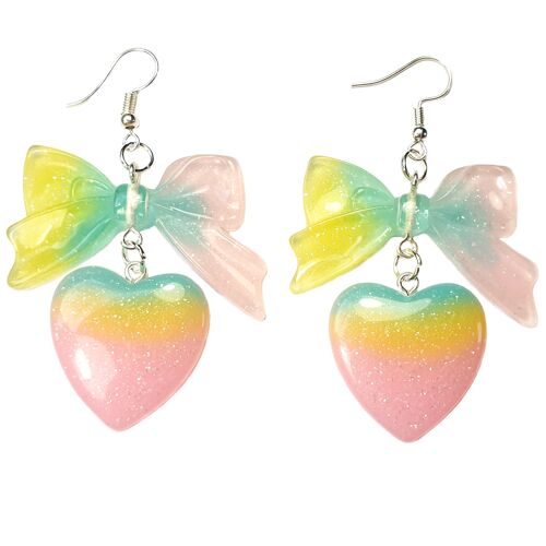 Pastel Lolita Heart & Bow Earrings - Pink Yellow & Blue