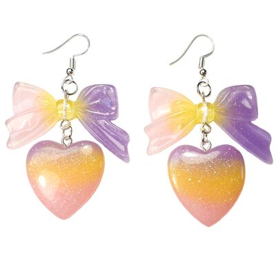 Pastel Lolita Heart & Bow Earrings - Purple Yellow & Pink