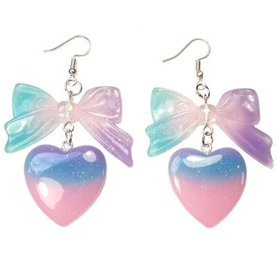 Boucles d'Oreilles Pastel Lolita Coeur & Nœud - Rose Bleu & Violet