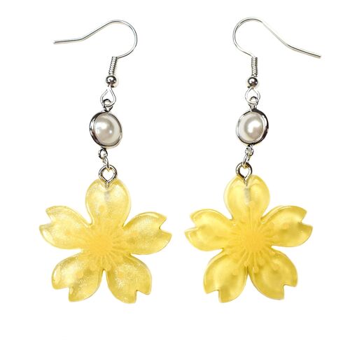 Cherry Blossom and Pearl Earrings - Yellow