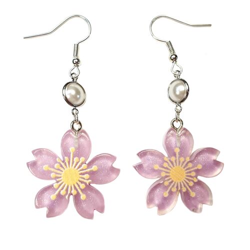 Cherry Blossom and Pearl Earrings - Lilac