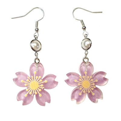 Ohrringe mit Kirschblüte und Perlen - Flieder