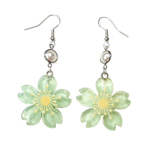 Cherry Blossom and Pearl Earrings - Blue