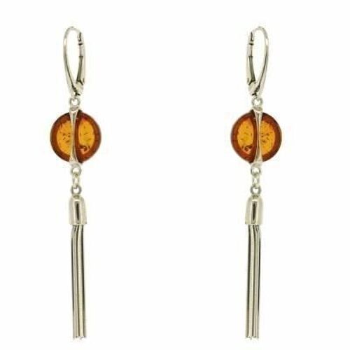 Amber Art Tassel Earrings Cognac and Sterling Silver and Box