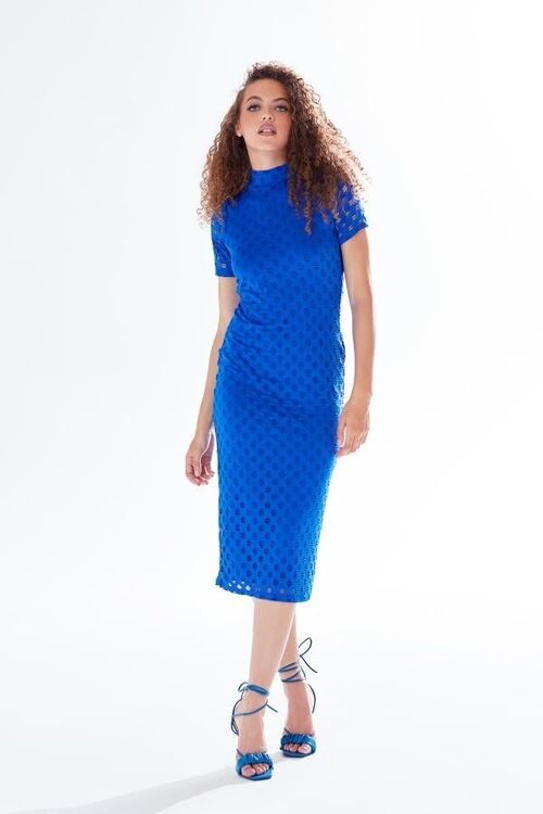 Liquorish Midi Dress with High Neck, Short Sleeves and Open Back Detail in Blue - 8