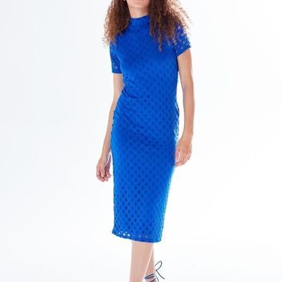 Liquorish Midi Dress with High Neck, Short Sleeves and Open Back Detail in Blue - 8