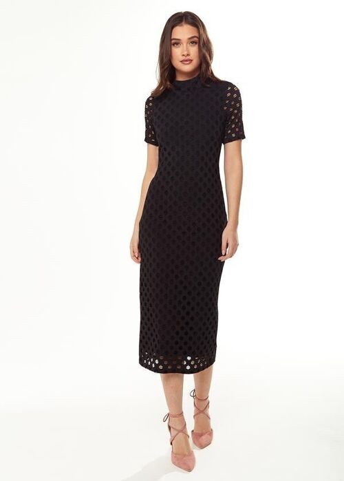 Liquorish Midi Dress with High Neck, Short Sleeves and Open Back Detail in Black - 8