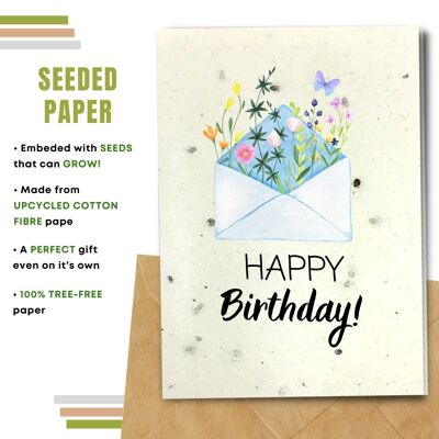 Carte de joyeux anniversaire écologique, fleurs dans une enveloppe, paquet de 8