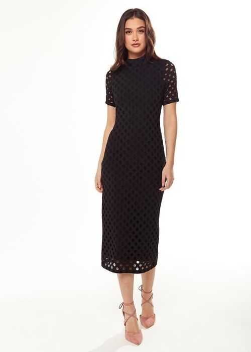 Liquorish Midi Dress with High Neck, Short Sleeves and Open Back Detail in Black - 14