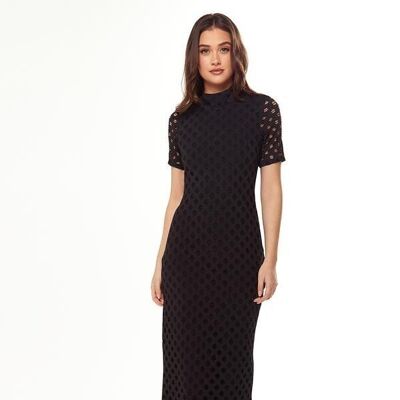 Liquorish Midi Dress with High Neck, Short Sleeves and Open Back Detail in Black - 14