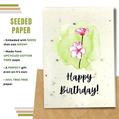 Eco Friendly Happy Birthday Card, Pink Flower Pack Of 8