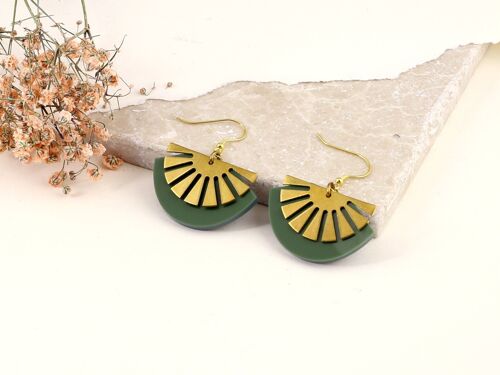 Leafy Green Brass Art deco acrylic gold vermeil Fan Drop earrings