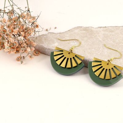 Leafy Green Brass Art deco acrylic gold vermeil Fan Drop earrings