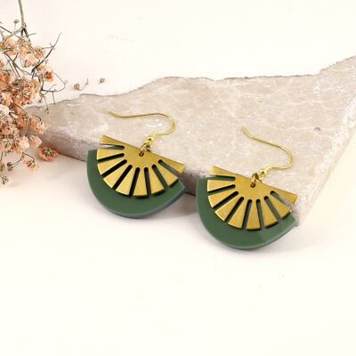 Pendientes de gota de abanico de oro vermeil acrílico Art déco de latón verde frondoso