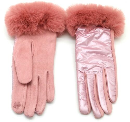 GLOVE403-266D Metallic Gloves Faux Fur Pink