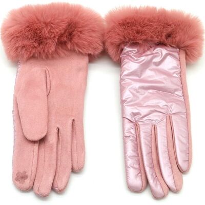 GLOVE403-266D Metallic Gloves Faux Fur Pink