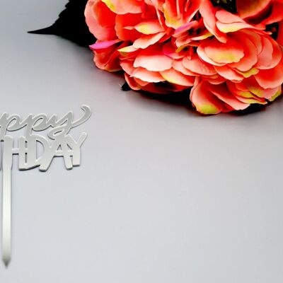 Acrylic Happy Birthday Cake Topper - Silver