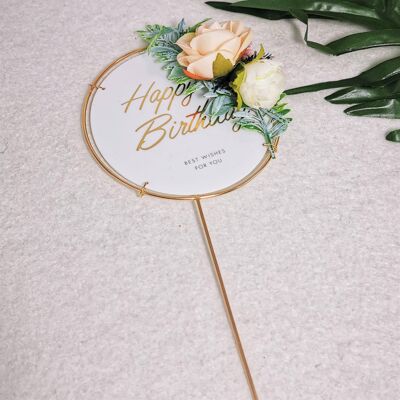 Happy Birthday Cake Decoration with Roses - Round white