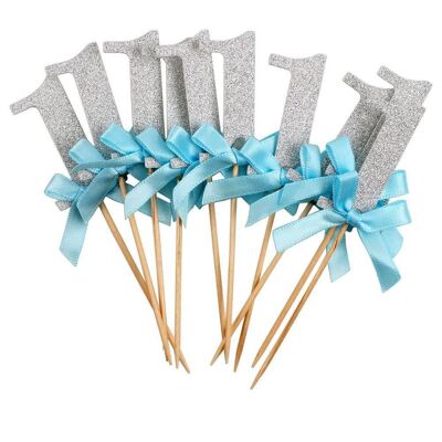 10pcs 1st Gold Silver Glitter Cake Cupcake Topper - Silver with blue blowtie
