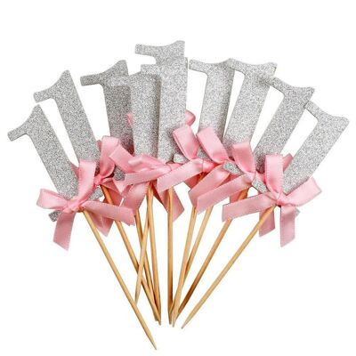 10pcs 1st Gold Silver Glitter Cake Cupcake Topper - Silver with pink blowtie