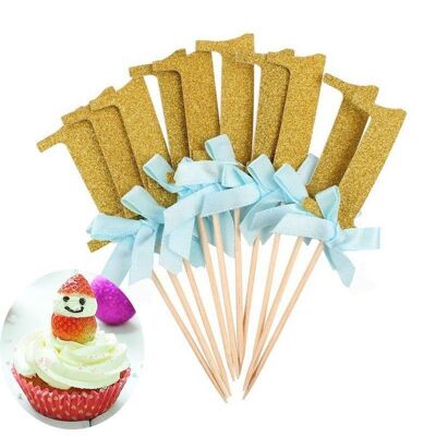 10pcs 1st Gold Silver Glitter Cake Cupcake Topper - Gold with blue bowtie