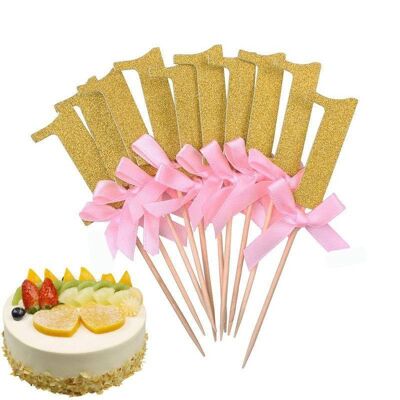 10pcs 1st Gold Silver Glitter Cake Cupcake Topper - Gold with pink blowtie