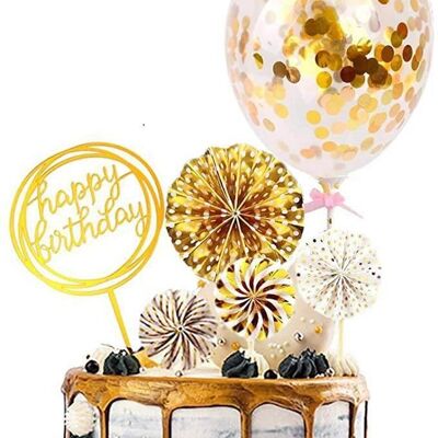 6pcs Cake Topper Set Paper Fan Confetti Balloon Acrylic - Gold