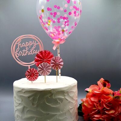 6pcs Cake Topper Set Paper Fan Confetti Balloon Acrylic - Pink
