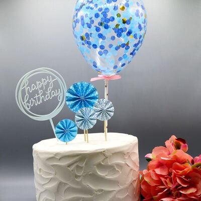 6pcs Cake Topper Set Paper Fan Confetti Balloon Acrylic - Blue