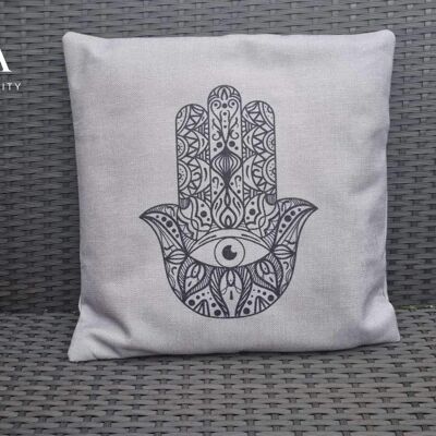 Housse de coussin de méditation de yoga, coussin de symboles de yoga, taie d'oreiller de yoga en lin, coussin de méditation en toile de lin bio, coussin de décoration, Royaume-Uni - Housse de coussin symbole de main Hamsa