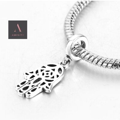 Amisity Genuine Sterling Silver 925,  Fits Pandora Bracelet, Tree of Life, Owl , Hamsa Hand, Paw, Heart, Buggy,Mum's Charm, Bicycle - Hamsa Hand