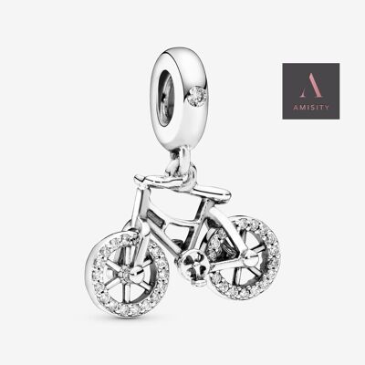 Amisity Genuine Sterling Silver 925,  Fits Pandora Bracelet, Tree of Life, Owl , Hamsa Hand, Paw, Heart, Buggy,Mum's Charm, Bicycle - Bicycle