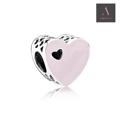 Amisity Genuine Sterling Silver 925,  Fits Pandora Bracelet, Tree of Life, Owl , Hamsa Hand, Paw, Heart, Buggy,Mum's Charm, Bicycle - Pink Heart