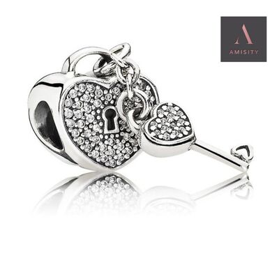 Amisity Genuine Sterling Silver 925,  Fits Pandora Bracelet, Tree of Life, Owl , Hamsa Hand, Paw, Heart, Buggy,Mum's Charm, Bicycle - Hear & Key