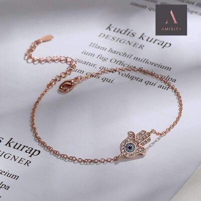 Hamsa Hand Armband, Fußkettchen Armband S925, Hamsa Knöchel Schmuck, Amulett Armband, Evil Eye Charm Armband, Fatima Hand Armband, Trend Now - Rosé vergoldet