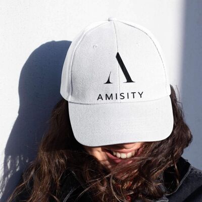 Amisity Ultimate Cotton Unisex Baseball Cap - Schwarzes Logo, Fitness Cap, Gym Cap, Travel Cap, Trend Now, UK - Weiß